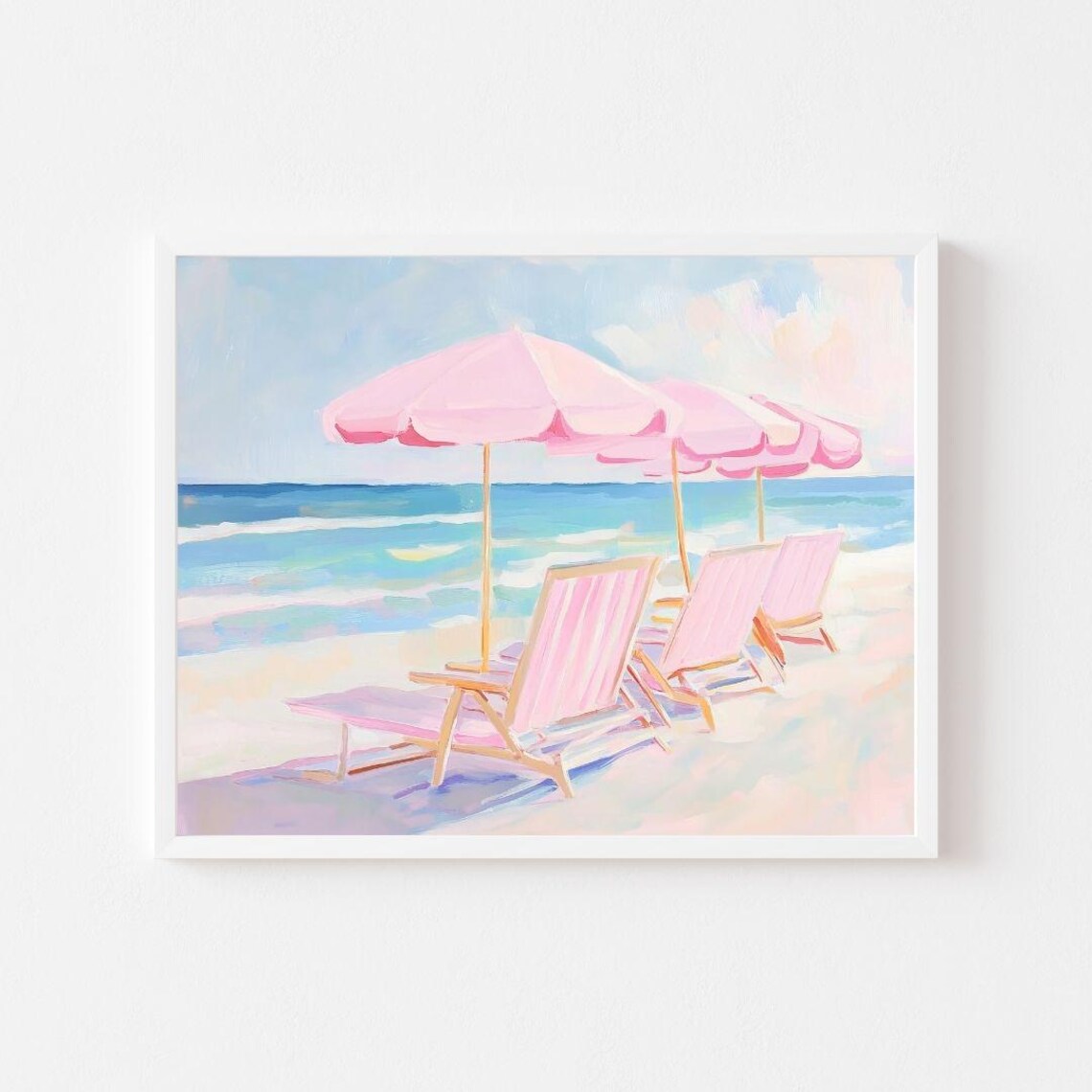 Pastel Beach Chairs And Umbrellas, Coastal Art Print