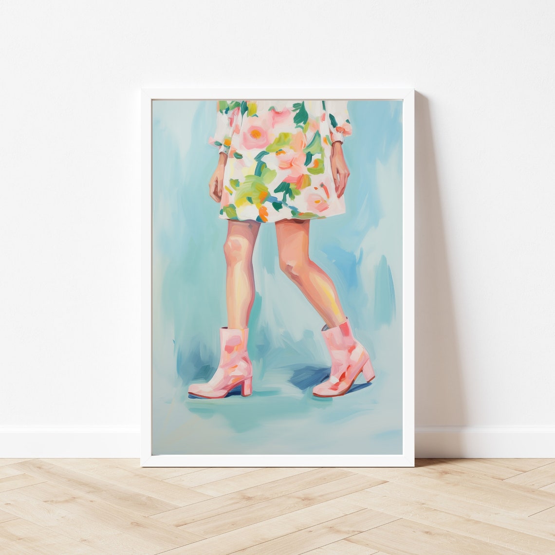 Floral Mini Dress And Pink Boots Fashion Illustration Poster - Image 3