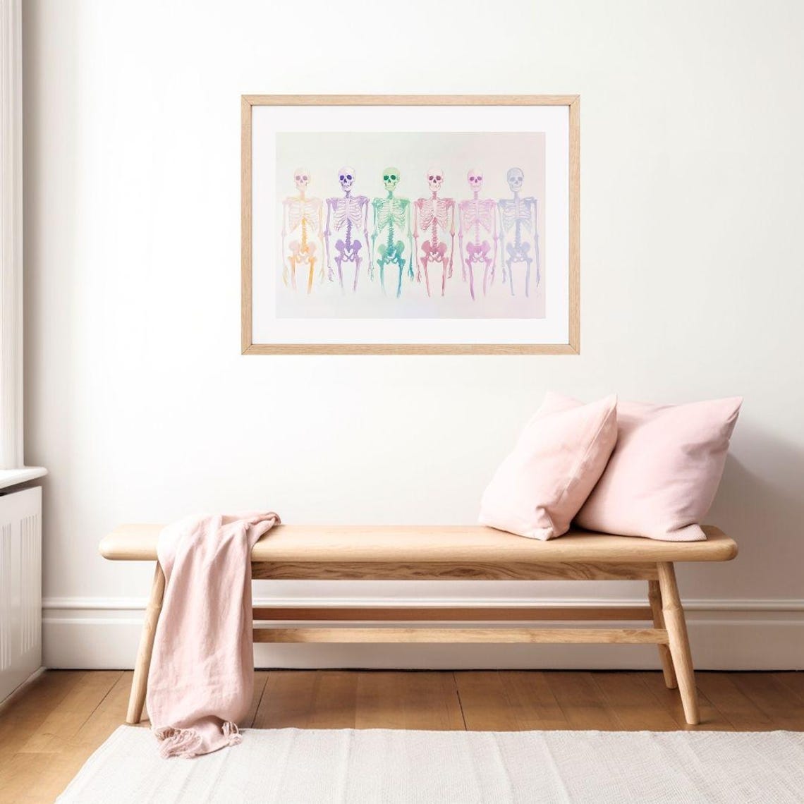 Pastel Watercolor Rainbow Skeletons Cute Halloween Decor Poster - Image 2