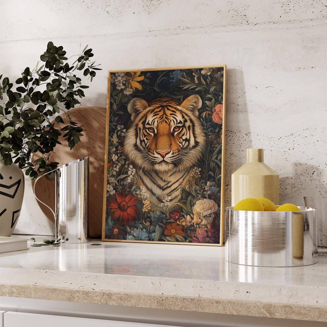 Majestic Tiger Face Portrait Colorful Wildflowers Dark Botanical Poster - Image 2