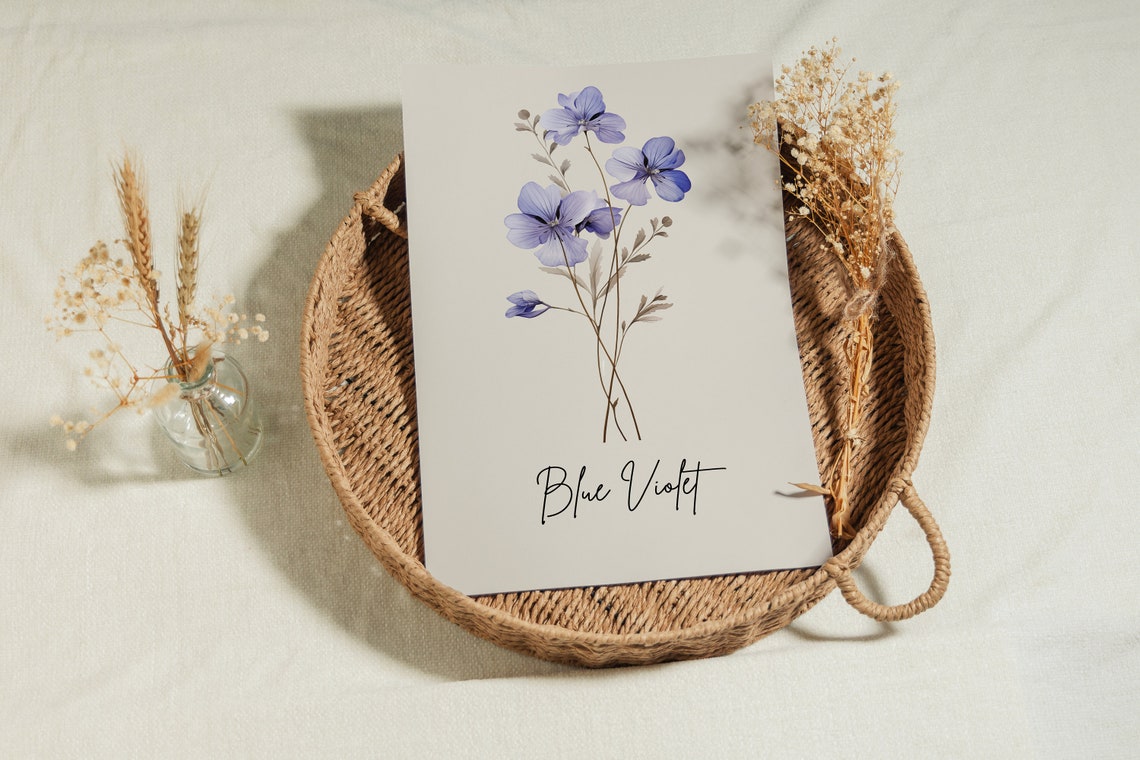 Blue Violet Watercolor Botanical Line Art Wildflower Wall Print - Image 3