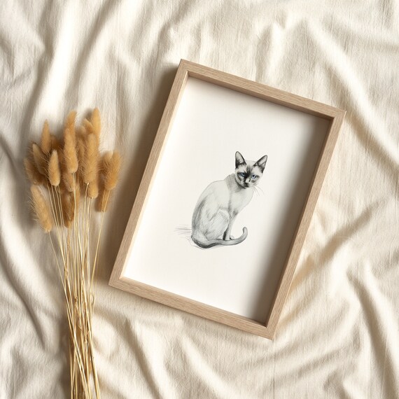 Siamese Cat Blue Eyes Sitting Pencil Sketch Pet Portrait Minimalist Art Print