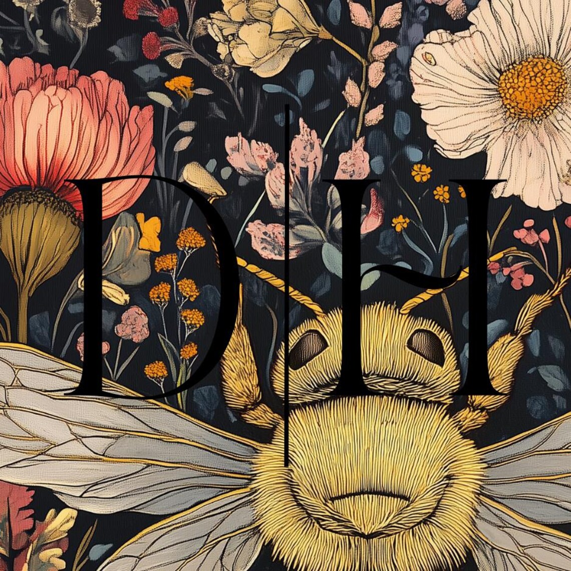 Bumblebee Floral William Morris Inspired Moody Navy Insect Poster - Image 3