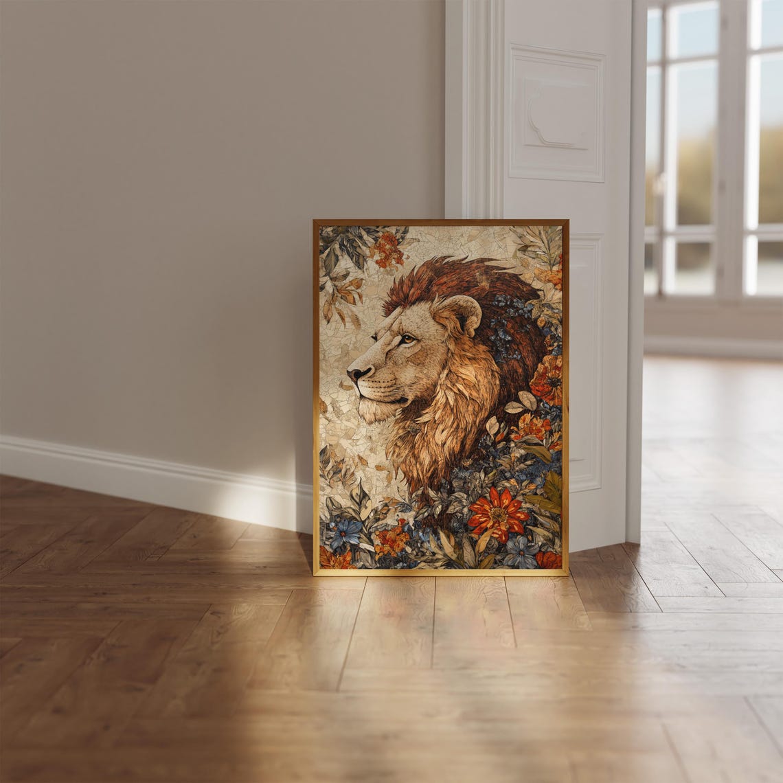 Lion Profile Golden Mane Aged Parchment Red Wildflowers Art Poster - Image 2