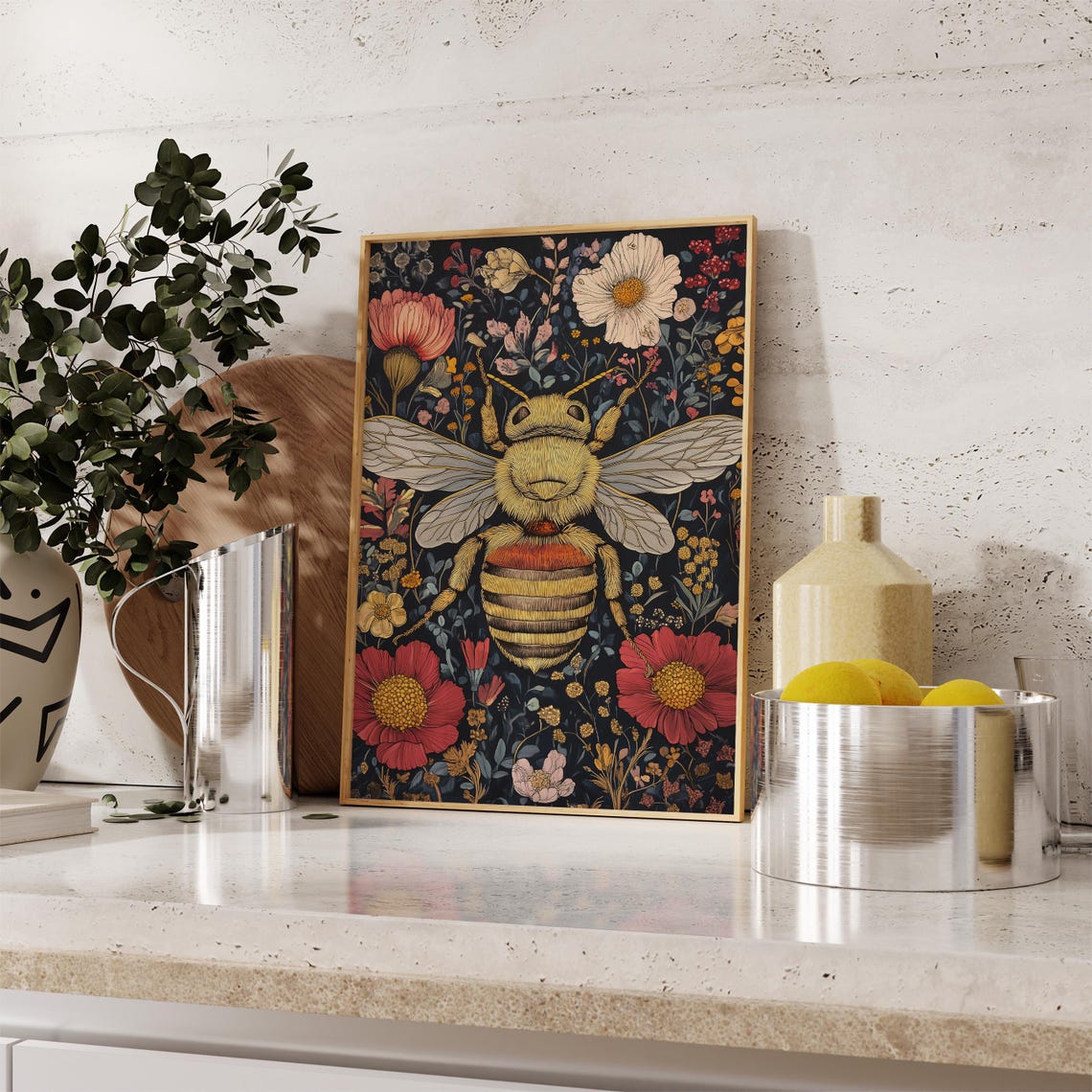 Bumblebee Floral William Morris Inspired Moody Navy Insect Poster - Image 2