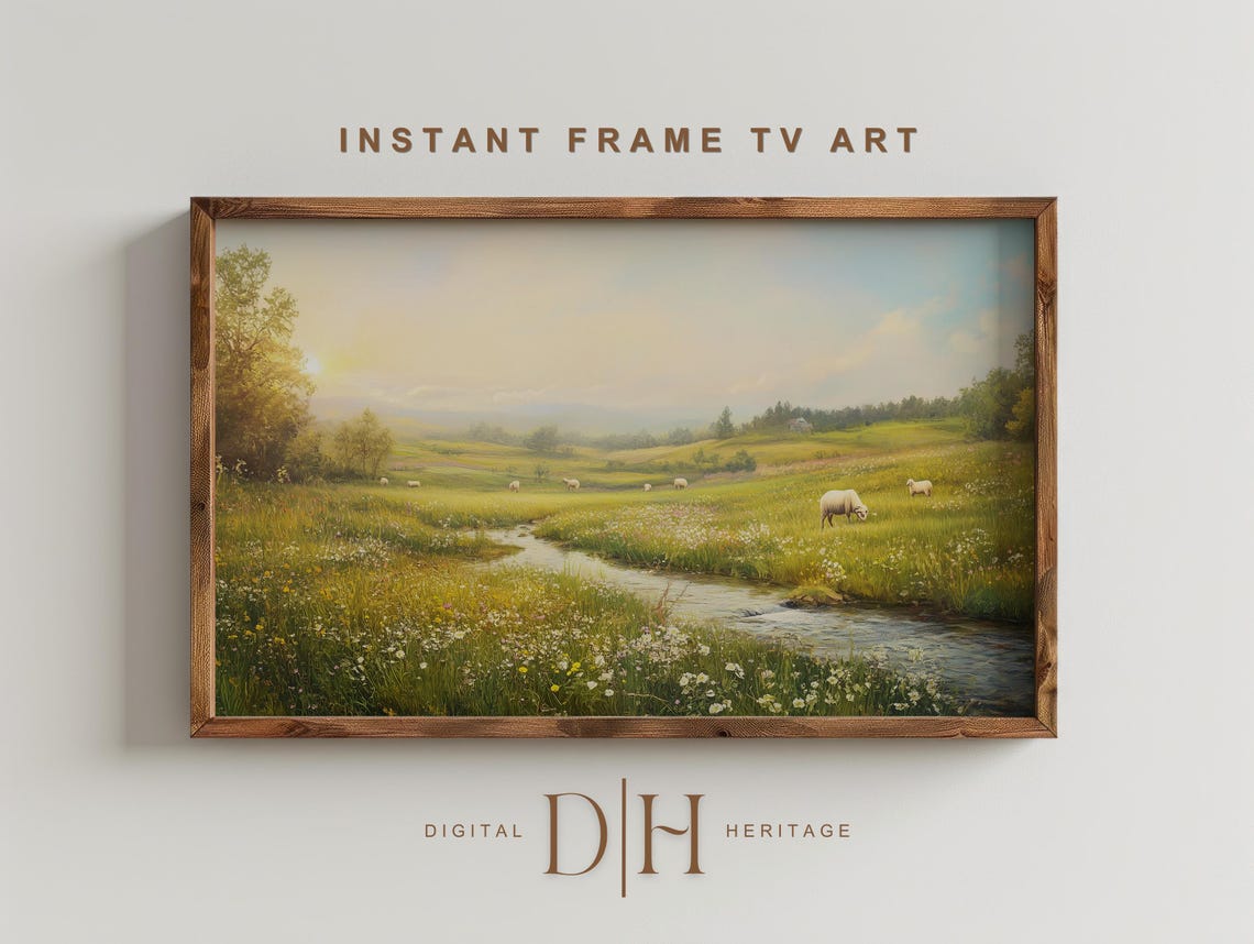 Spring Meadow Wildflowers Grazing Sheep Frame TV Screensaver Art Print