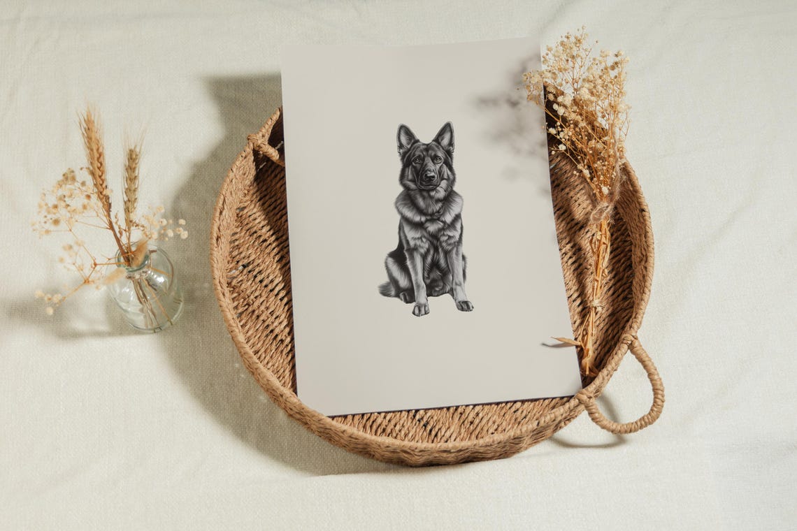 German Shepherd Sitting Portrait Minimalist Beige Neutral Dog Poster - Image 2