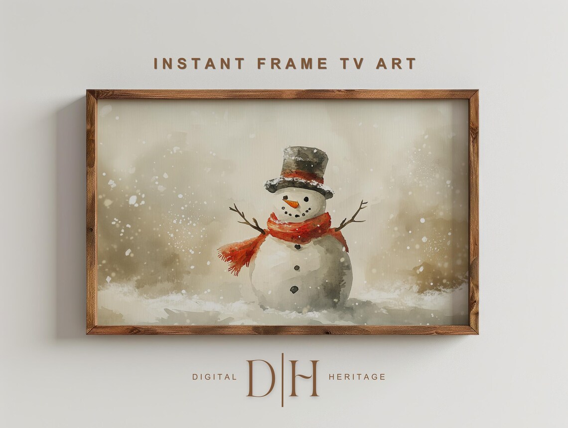 Watercolor Snowman With Top Hat Winter Frame TV Screensaver Art Print