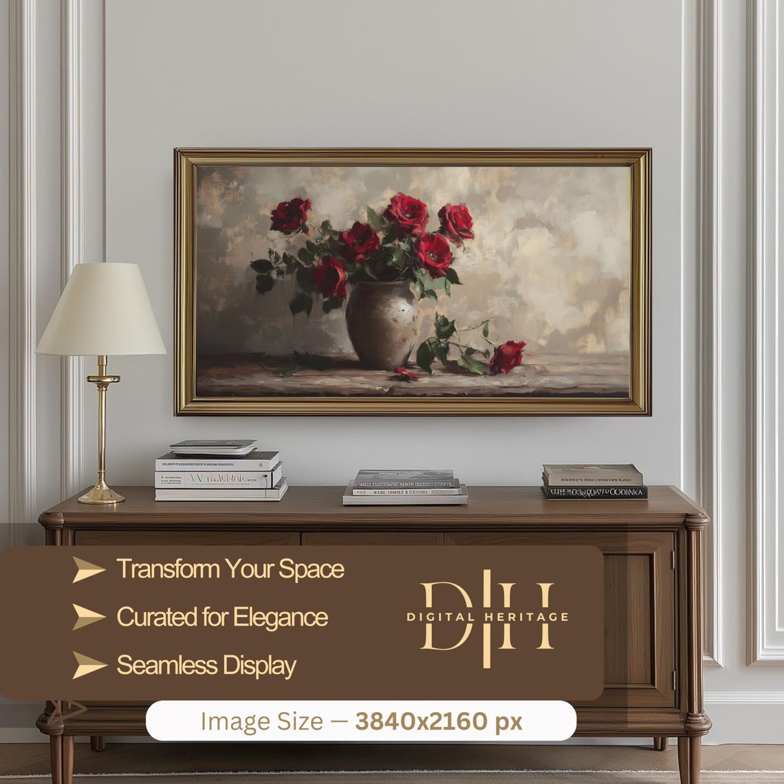 Moody Red Roses Rustic Vase Dark Vintage Floral Oil Painting Poster - Image 2