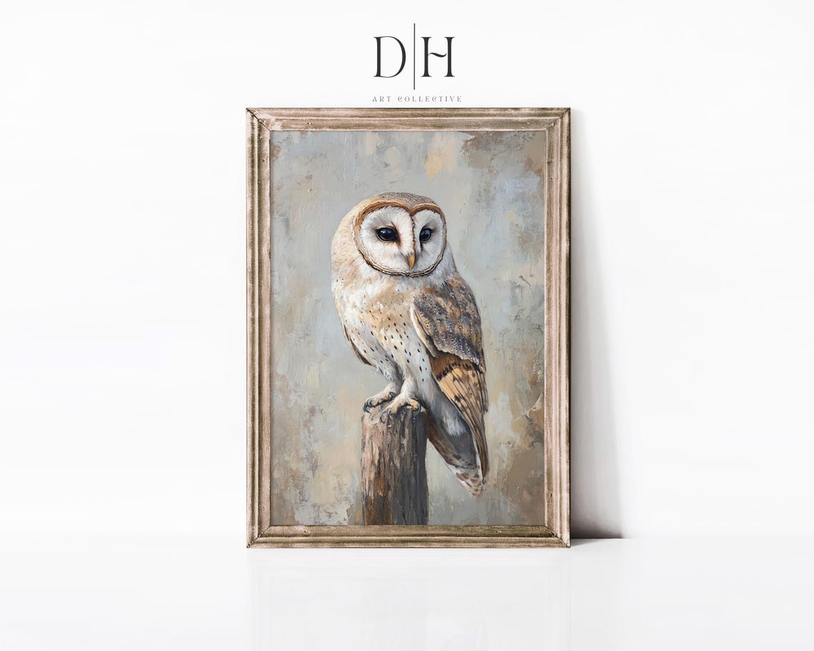 Barn Owl Perched On Wooden Post Neutral Farmhouse Bird Wall Art Print
