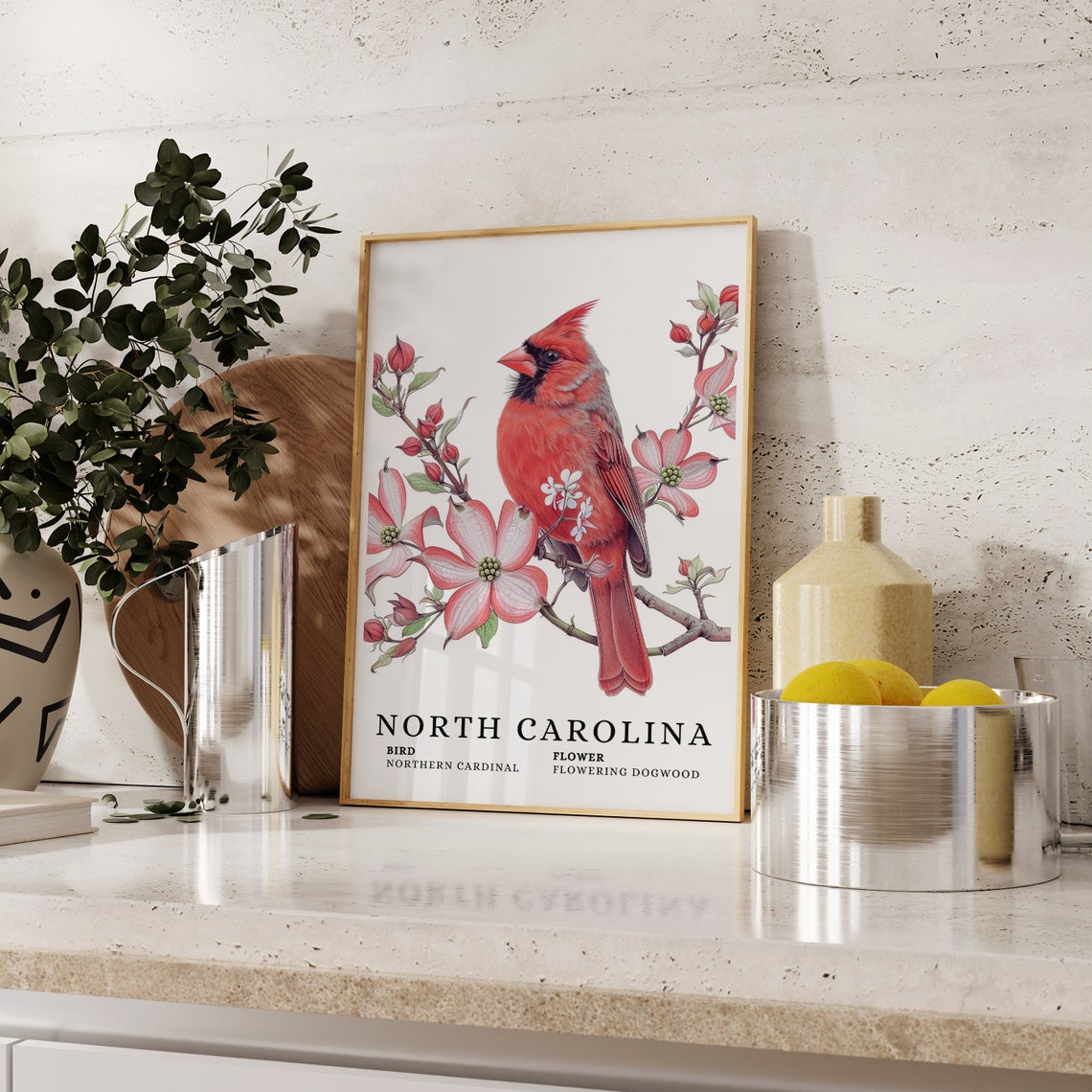 North Carolina Northern Cardinal State Bird And Flowering Dogwood Art Print Cardinal Bird Dogwood Flower Art North Carolina Wall Art - Image 2
