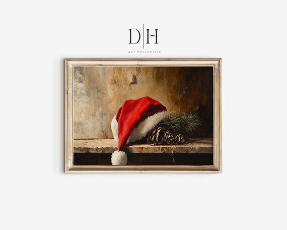 Rustic Christmas Santa Hat Art Moody Santa Oil Painting Cozy Seasonal Winter Artwork Xmas Wall Decor