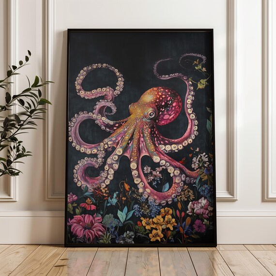 Octopus Art Print William Morris Inspired Wall Art Aquatic Nature Bedroom Decor Cottagecore Artwork