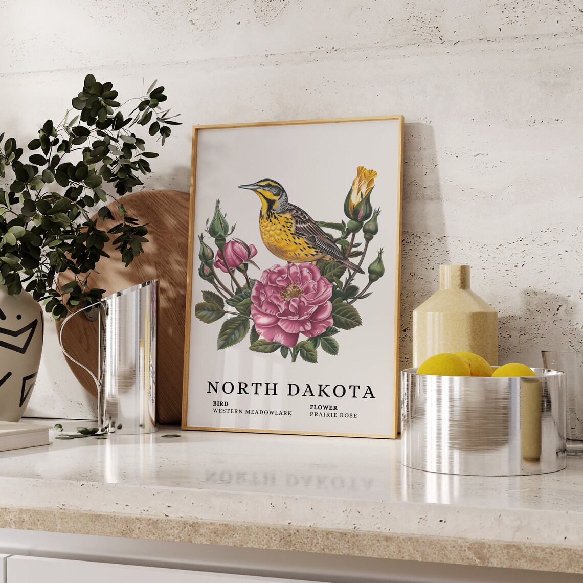 North Dakota Western Meadowlark Prairie Rose Bird Flower Art Print - Image 2