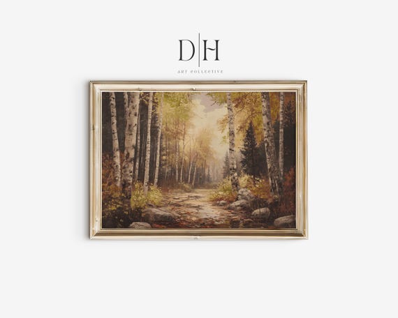 Vintage Birch Tree Painting Antique Forest Landscape Painting Authentic Artwork Aesthetic Country Print
