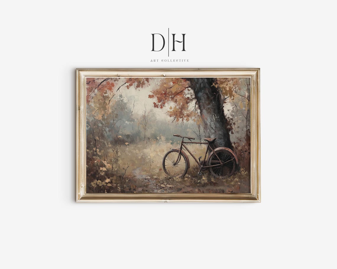 Vintage Bicycle Leaning On Tree Autumn Forest Moody Rustic Art Poster