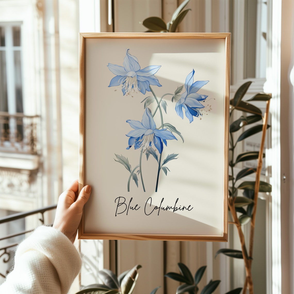 Blue Columbine Watercolor Flower Art Minimalist Botanical Wall Print