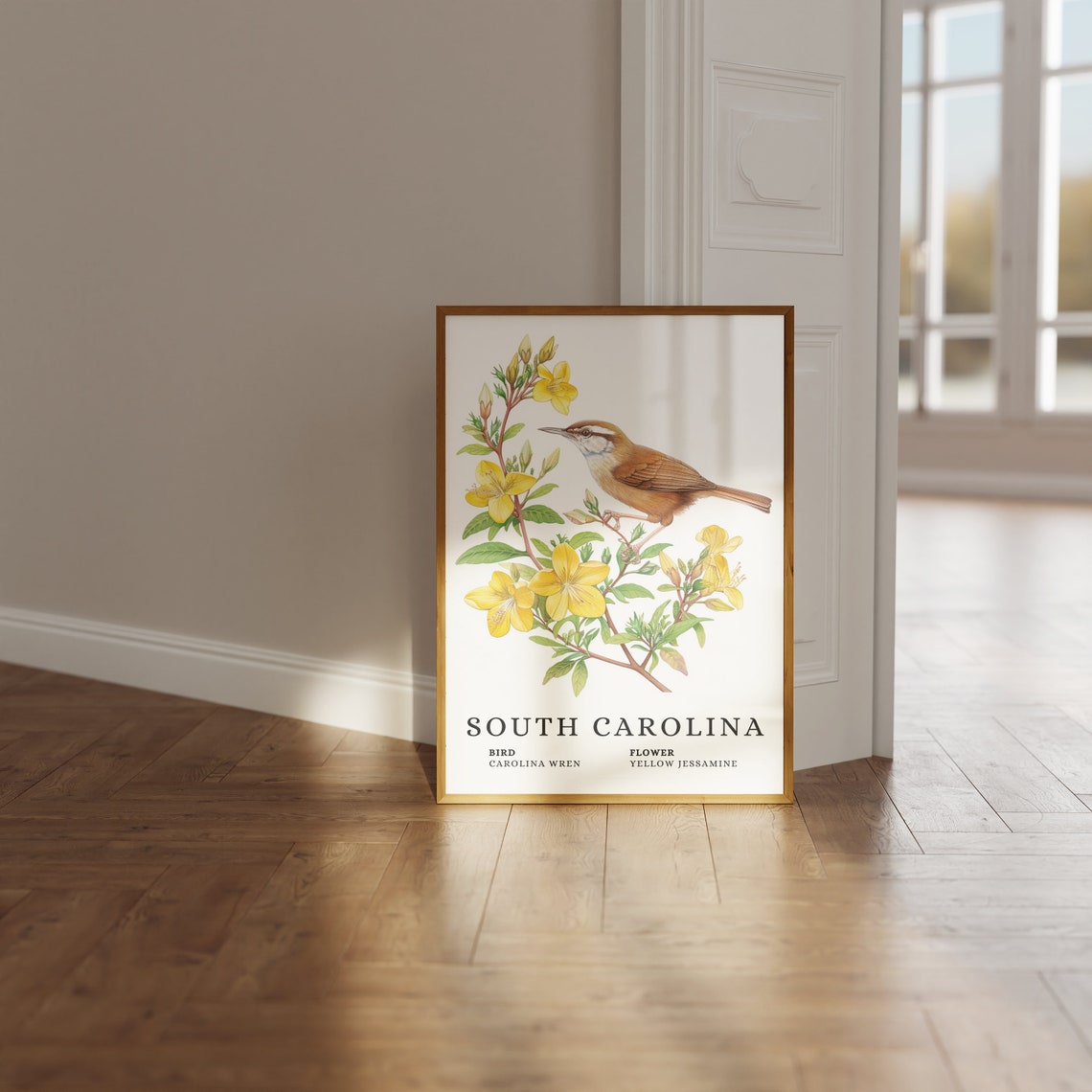 South Carolina Carolina Wren State Bird And Yellow Jessamine Flower Art Print Wren Bird Jessamine Flower Art South Carolina Wall Art - Image 3