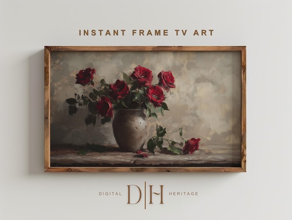 Red Roses Valentines Day Frame Tv Art Vintage Botanical Flowers Oil Painting Floral Moody Farmhouse Decor Tv Art