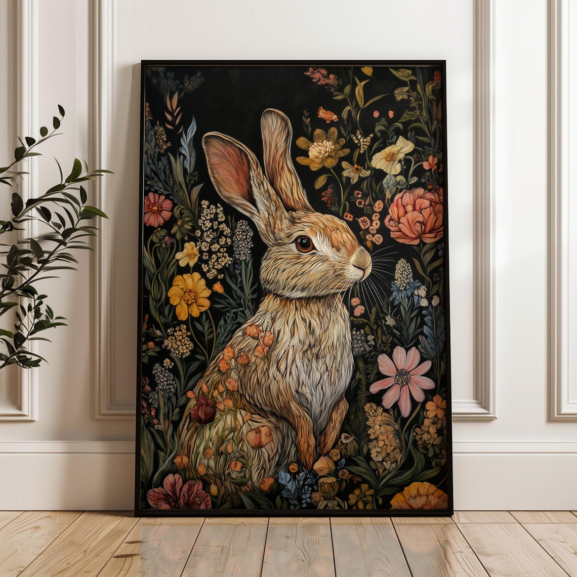 Brown Hare Sitting Among Colorful Wildflowers Dark Meadow Art Poster