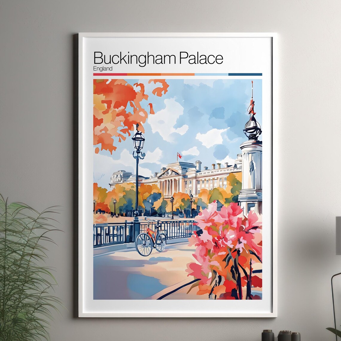 Buckingham Palace England Autumn Garden Watercolor Travel Poster