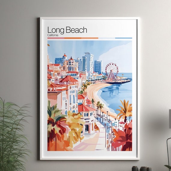 Long Beach Print Soft Colors Travel Poster Colourful Wall Art United States City Decor