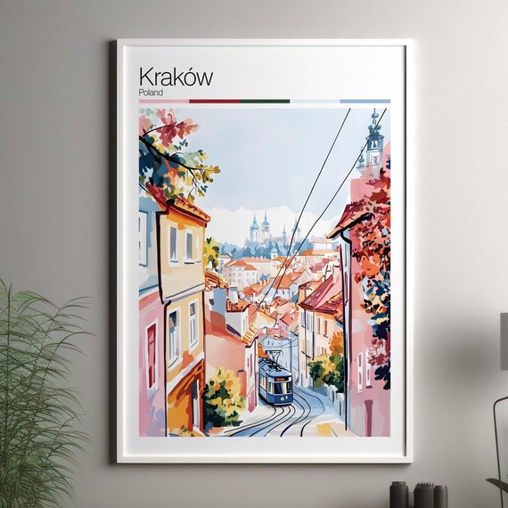 Krakow Print Soft Colors Travel Poster Colourful Wall Art Poland City Decor For