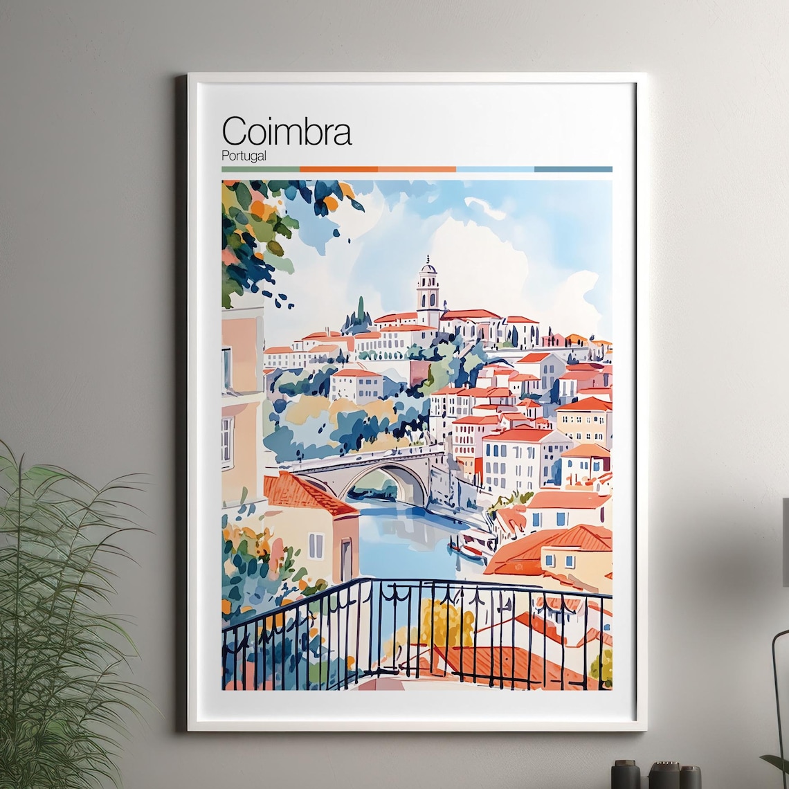 Coimbra Portugal Hillside Old Town Bridge Watercolor Travel Poster