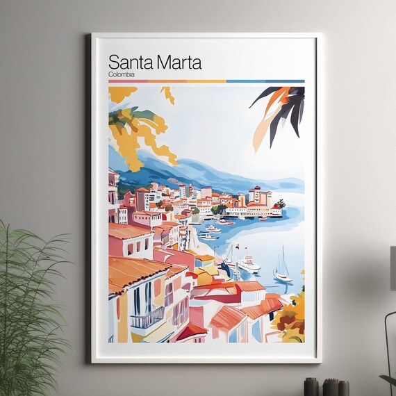 Santa Marta Colombia Caribbean Coastal Town Watercolor Travel Poster