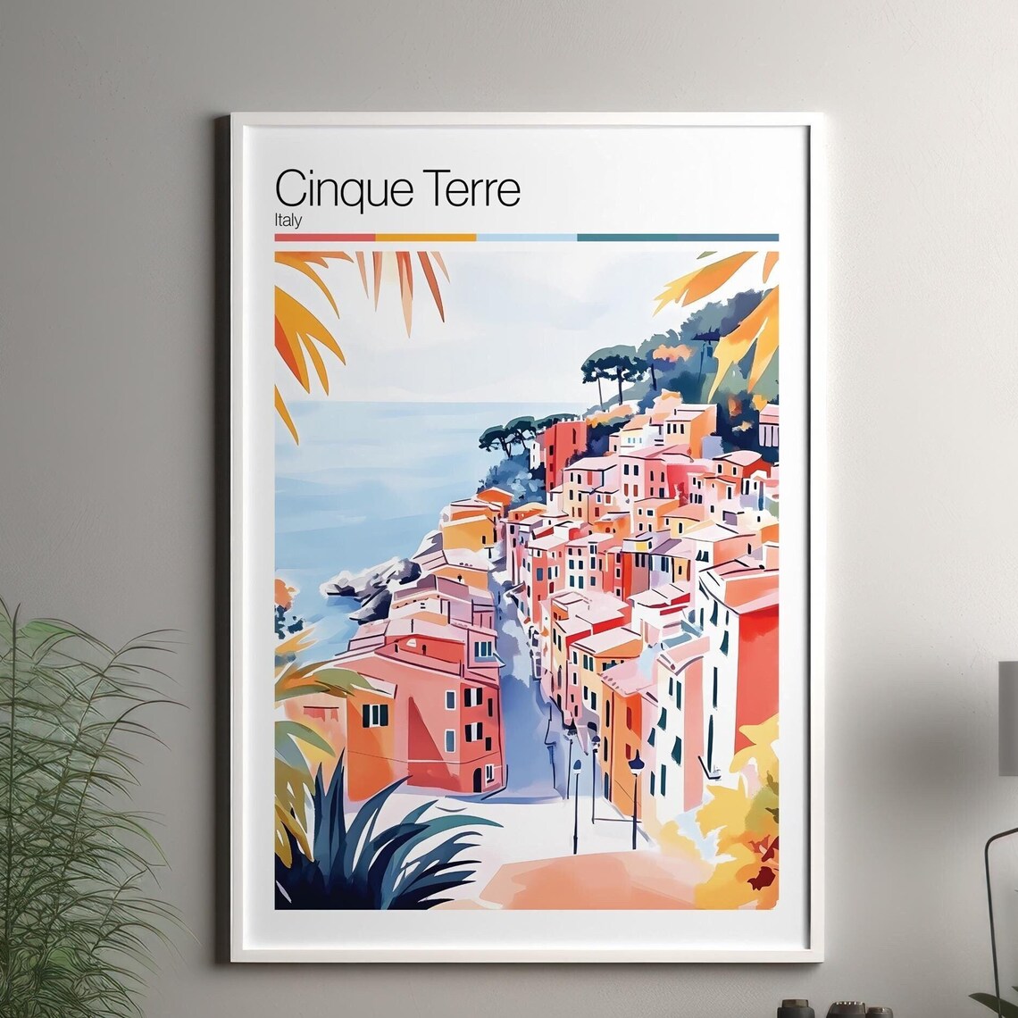 Cinque Terre Italy Travel Poster Watercolor Cliffside Village Coast Scene
