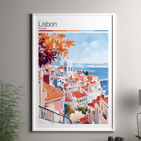 Lisbon Portugal Watercolor Travel Poster With Old Town Dome View