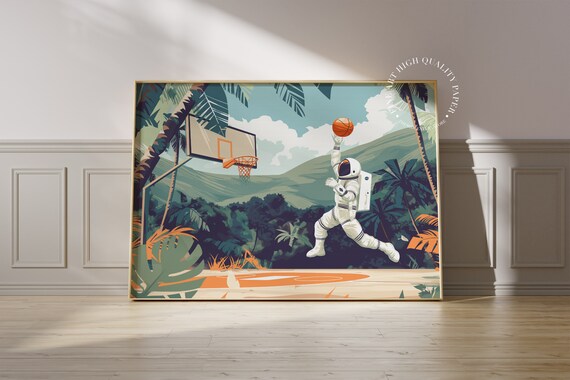 Basketball Dunk Print Mid Century Modern Astronaut Poster Mcm Sport Wall Decor Printed On Luxury Paper