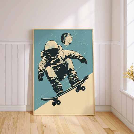Space Skateboarder Art Print Astronaut Poster Unique Wall Decor Gift For Skaters Printed On Luxury Paper