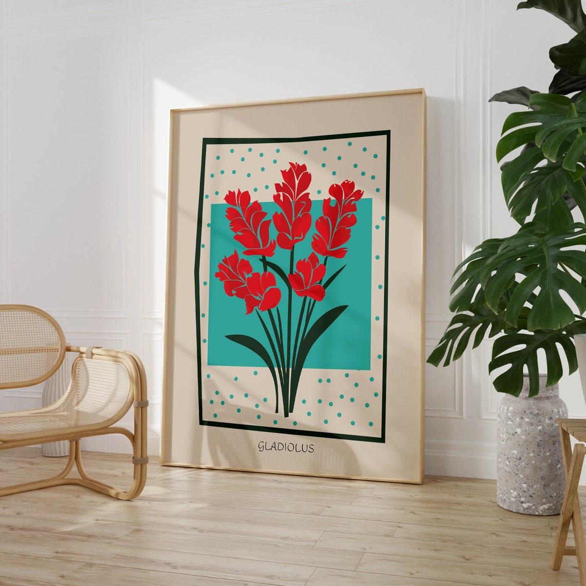 Red Gladiolus Turquoise Background Modern Botanical Floral Poster