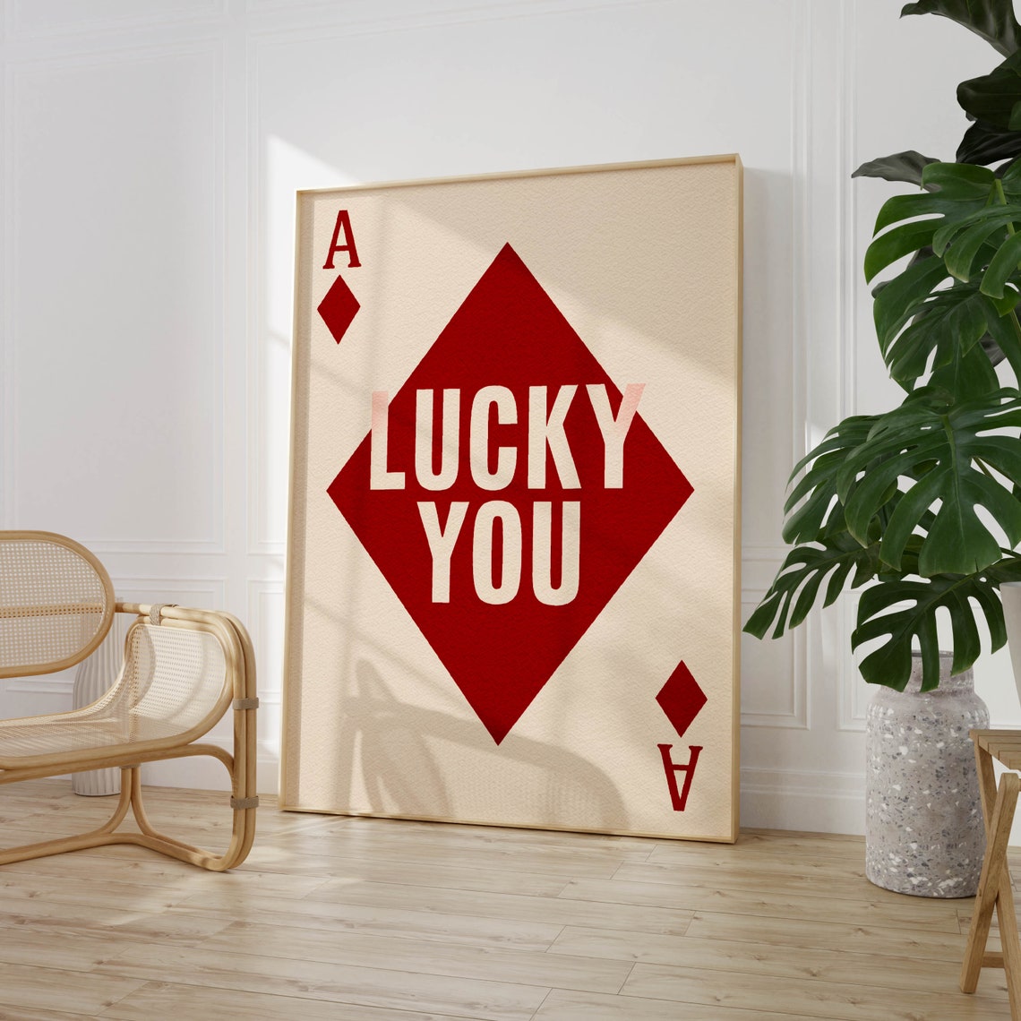 Lucky You Ace of Diamonds Oversized Red Minimalist Card Poster