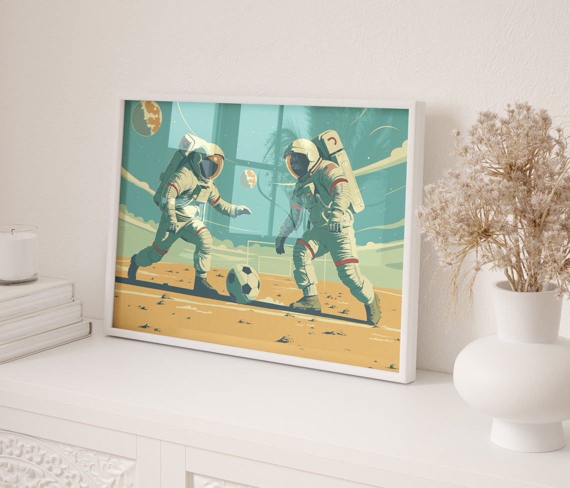 Two Retro Astronauts Playing Soccer on a Red Martian Field Poster - Image 2
