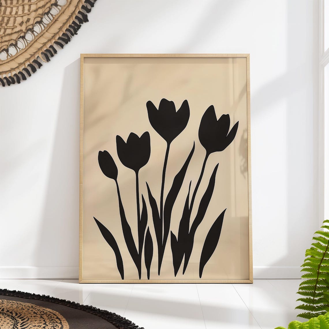 Mid Century Tulips Print Bold Black And White Floral Pattern Retro Minimalist Wall Art