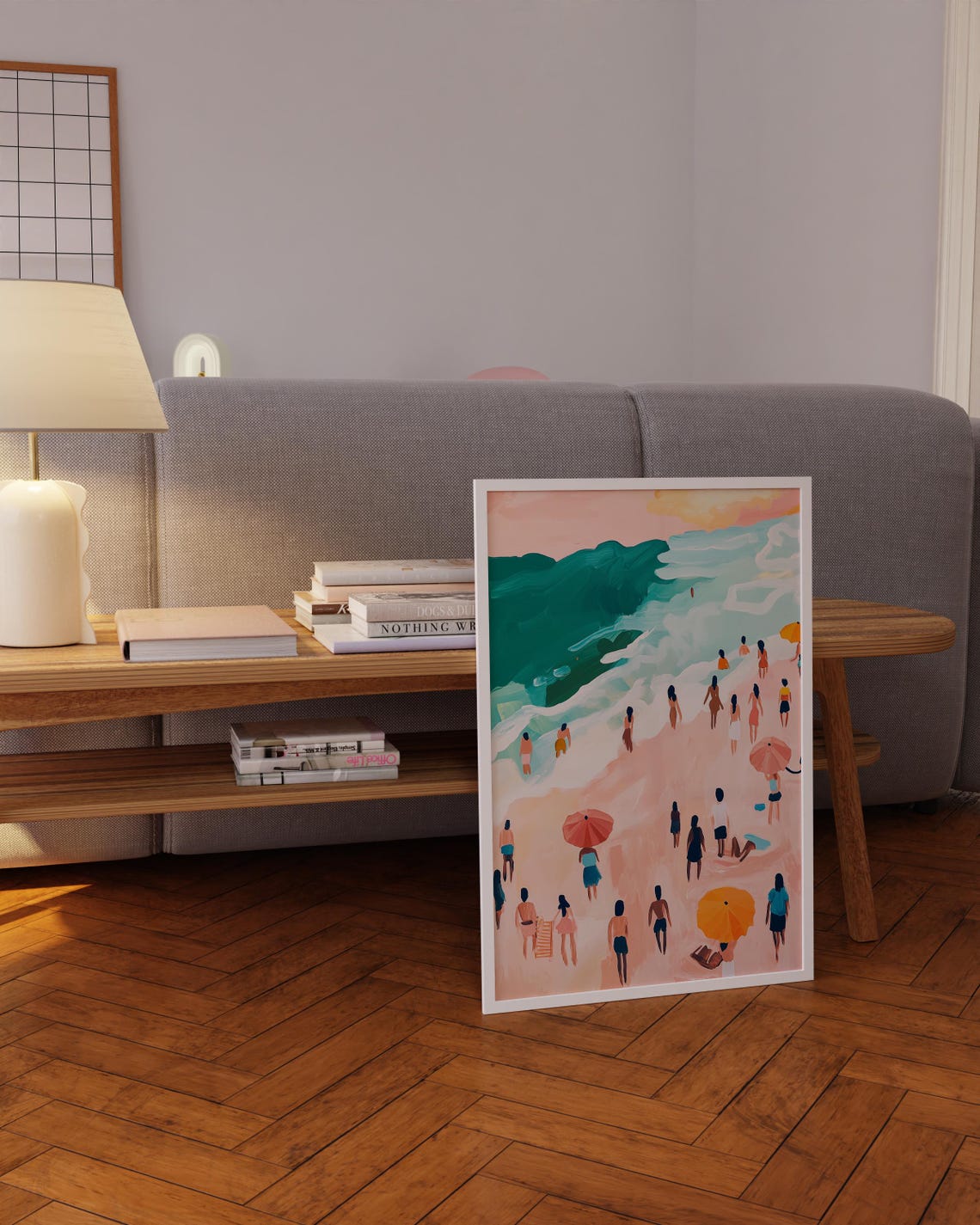 Pastel Beach Day Painting Crowded Shore Summer Art Wall Poster - Image 5