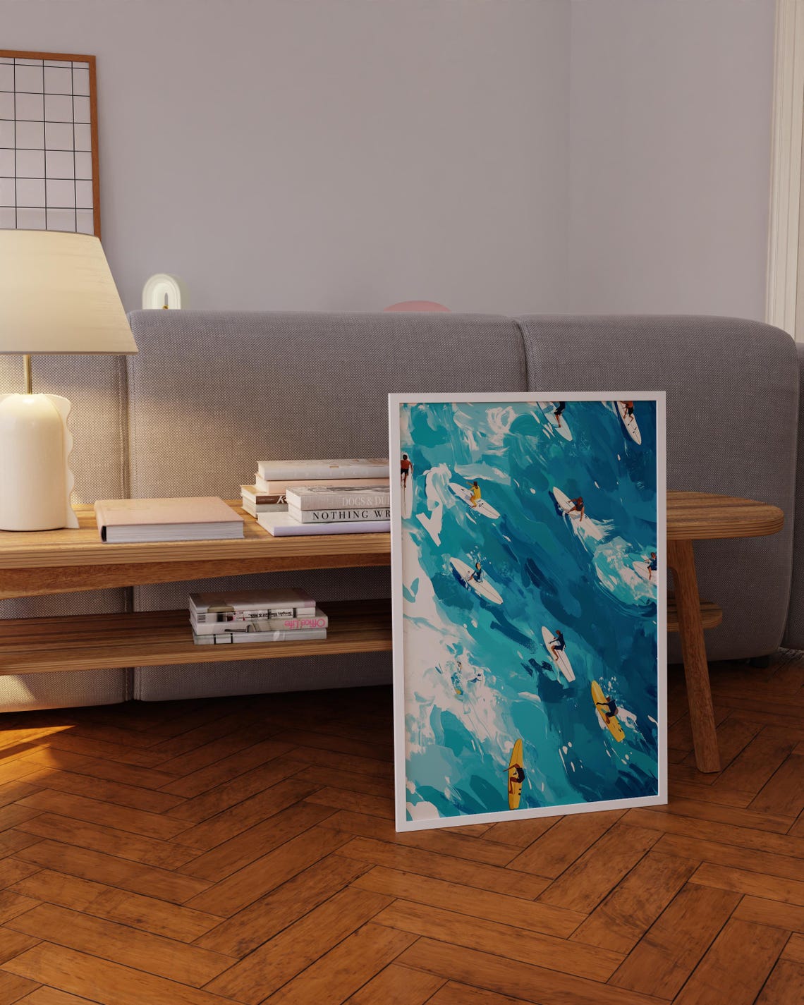 Aerial Surfers Riding Turquoise Waves Watercolor Ocean Poster - Image 5
