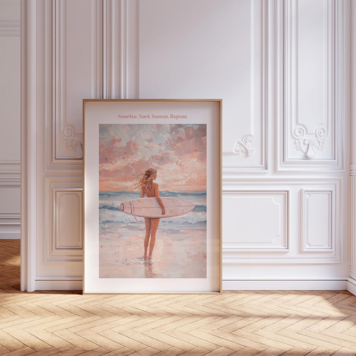 Sunrise Surf Sunset Repeat Surfer Girl Pink Ocean Beach Poster