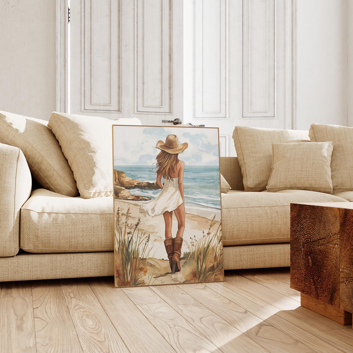 Cowgirl Walking on the Beach Watercolor Coastal Girl Art Poster - Image 3