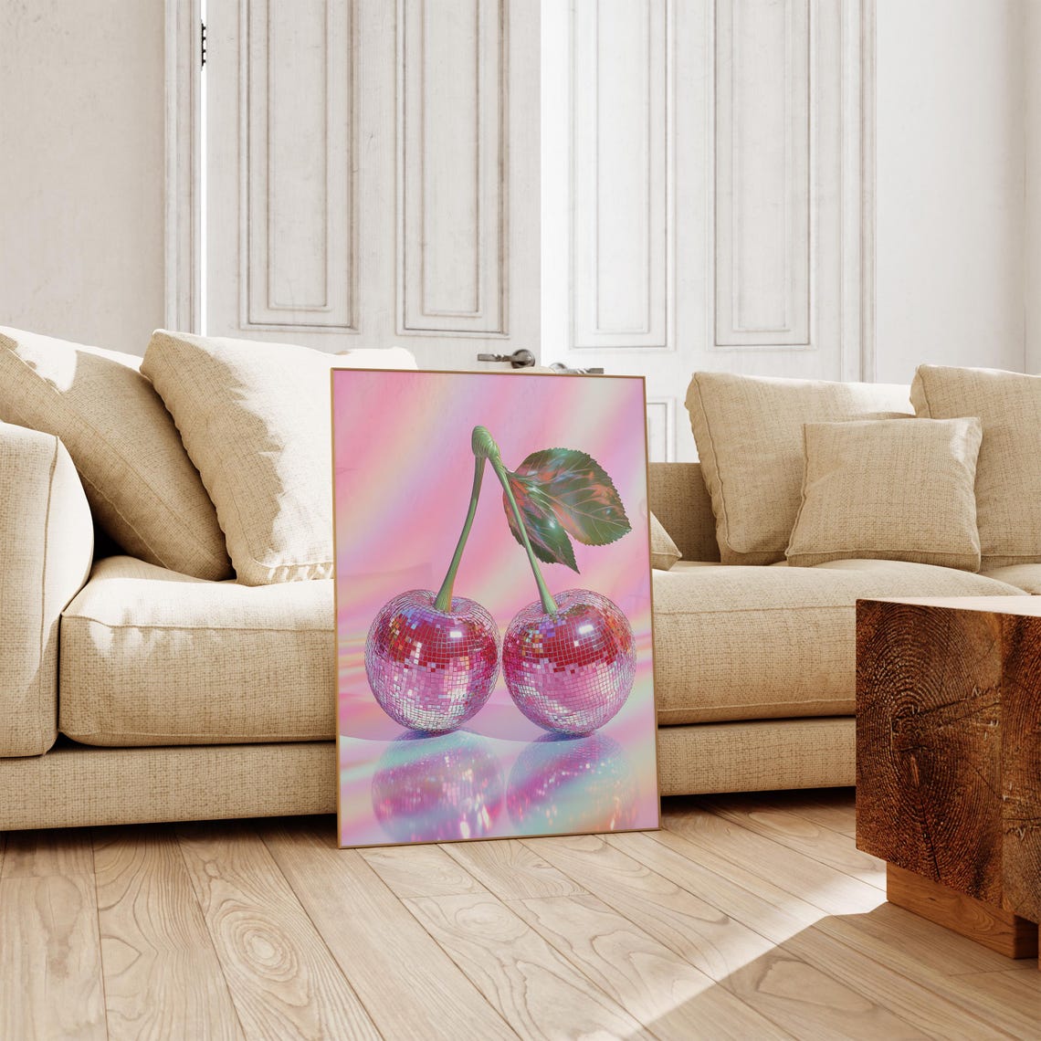 Disco Ball Cherries Pink Mirrorball Kitchen Funky Retro Wall Poster - Image 2