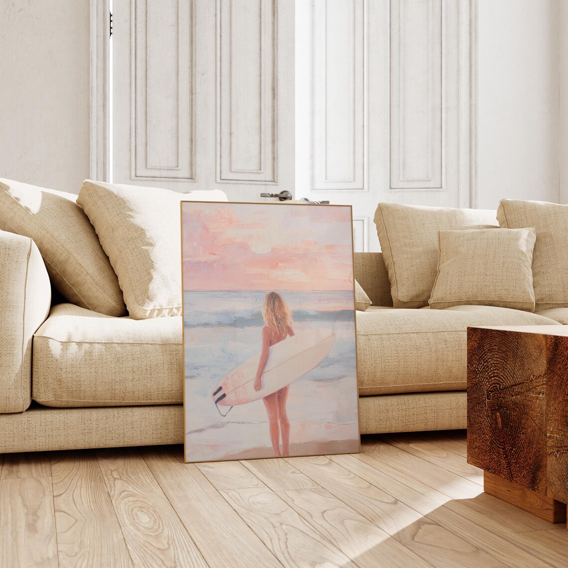 Surfer Girl Pink Surfboard Pale Sunrise Beach Watercolor Poster - Image 3