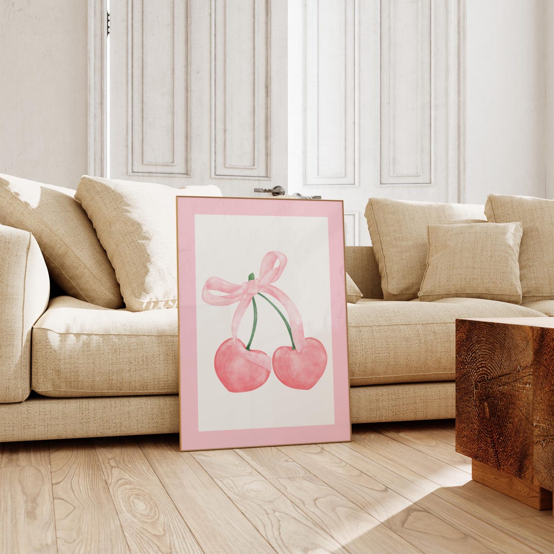 Pink Cherry Ribbon Bow Watercolor Soft Blush Coquette Decor Poster - Image 2