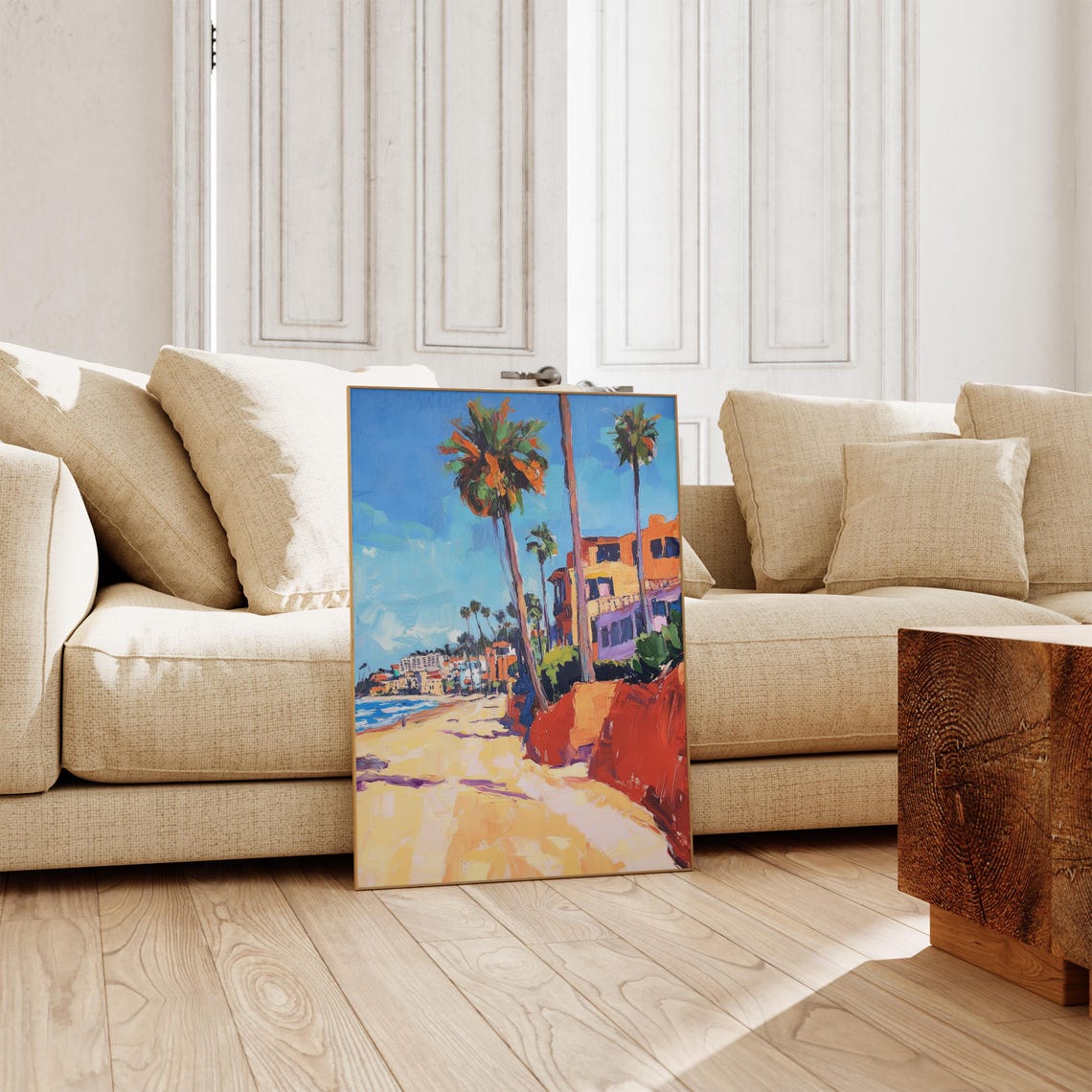 Palm Tree Beach Path Colorful California Oil Painting Poster - Image 3