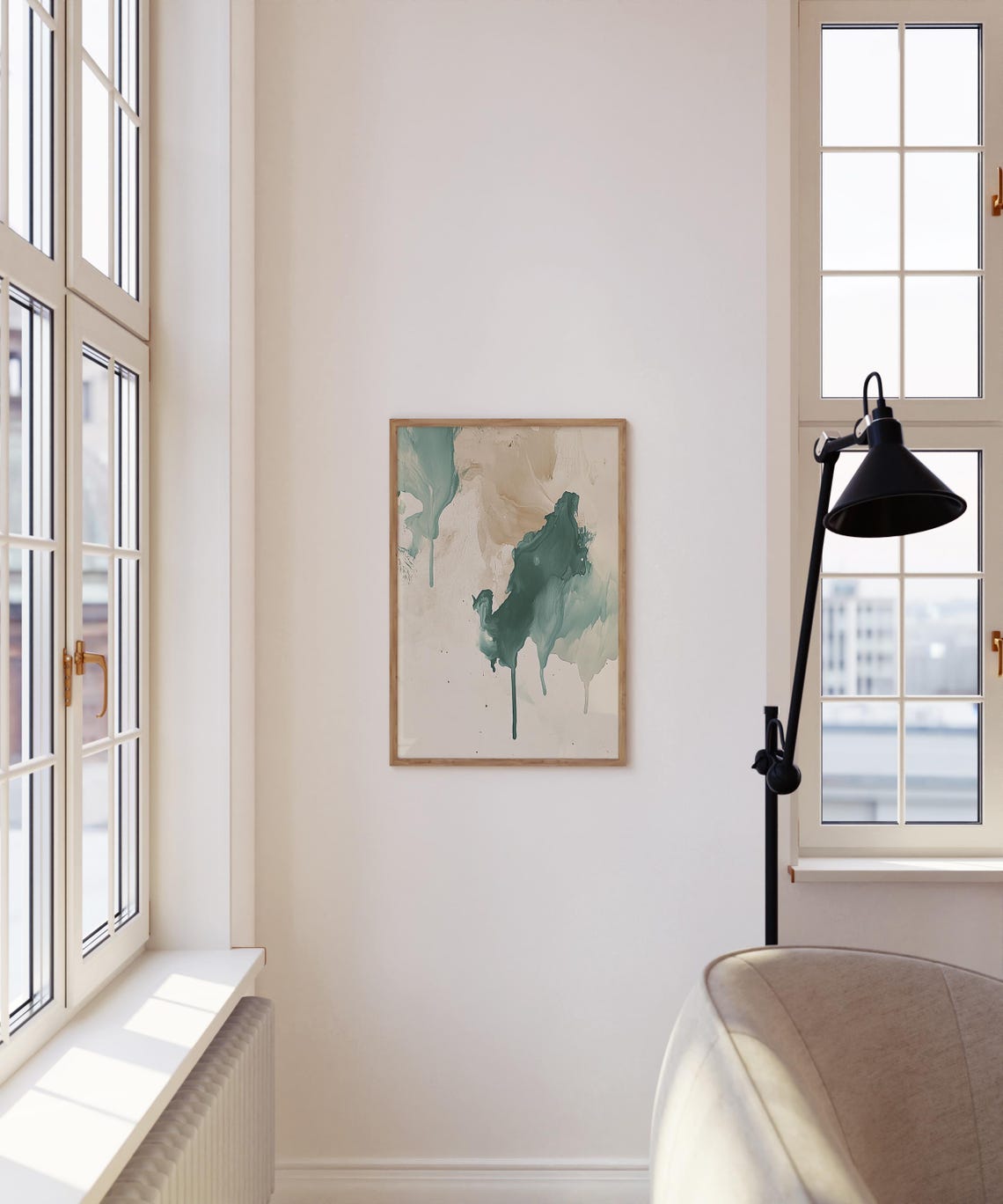 Emerald Green Ink Wash Drip Abstract Beige Modern Japandi Wall Poster - Image 3