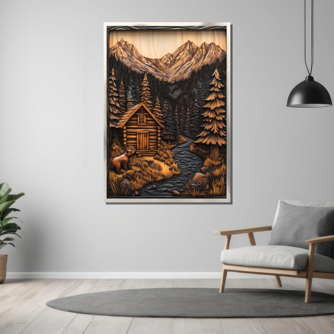 Cozy Rustic Log Cabin and Bear Wood Carving Effect Forest Poster - Image 3