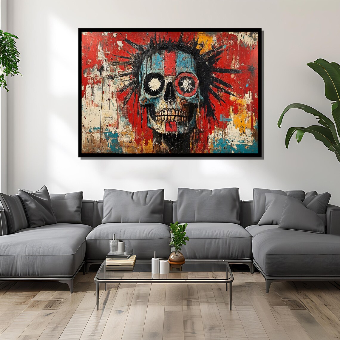 Punk Rock Spiky Skull in Teal Red Abstract Graffiti Art Poster - Image 4