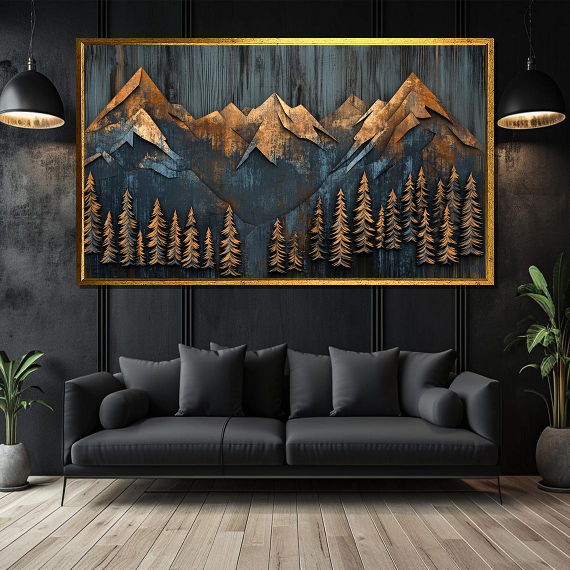 Rustic Metallic Mountain Painting Layered Forest Wall Art Gift For Modern Home Decor