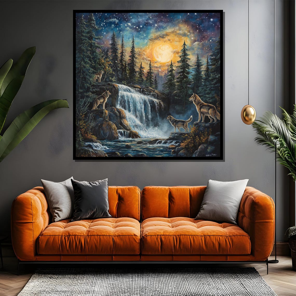 Wolf Pack by Moonlit Waterfall Under Starry Night Sky Painting Poster - Image 4